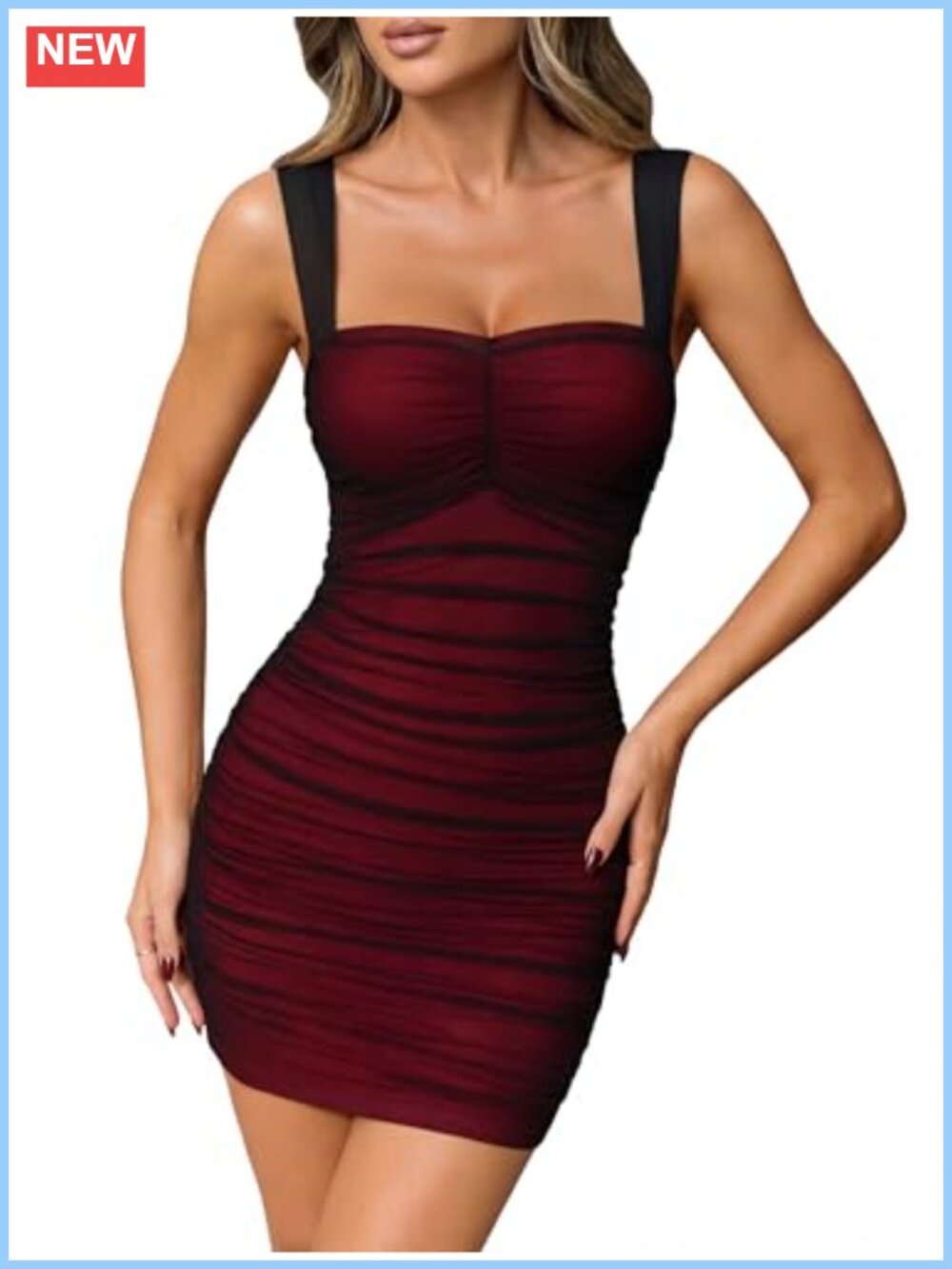 OQQ Ruched Bodycon Mini Dress Square Neck Sleeveless Club Party